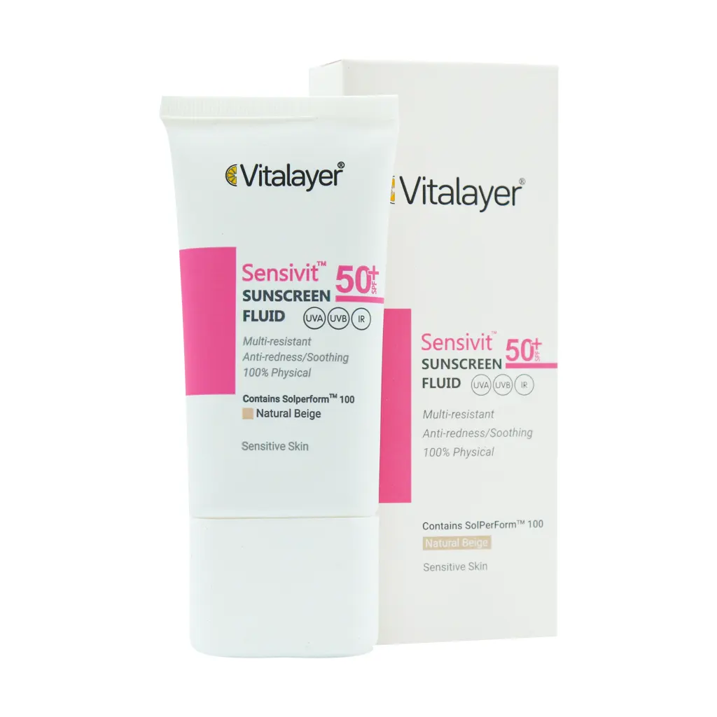Vitalayer-Sensivit-Sensitive-Skin-SPF50-Sunscreen-Fluid-50-ml فلوئید ضد آفتاب SPF50 پوست حساس رنگ بژ طبیعی ویتالیر – 50 میلی لیتر - Image 1
