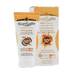 کرم ضد آفتاب رنگی +SPF50 فاقد جاذب های شیمیایی مناسب پوست حساس سان سیف (۵۰ میلی لیتر)