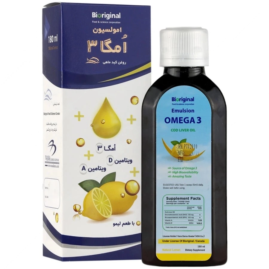 شربت امگا 3 روغن کبد ماهی با طعم لیمو بایوریجینال (180 میلی لیتری) شربت امگا 3 روغن کبد ماهی با طعم لیمو بایوریجینال (180 میلی لیتری)