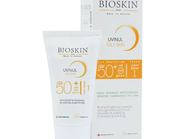 کرم ضد آفتاب SPF50 پوست چرب رنگ بژ روشن بایو اسکین پلاس | 40 میلی لیتر