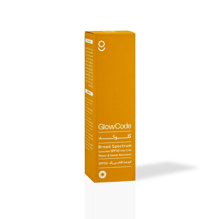 Glow-Code-Sunscreen-Cream-box کرم ضدآفتاب بی رنگ SPF50 مناسب انواع پوست گلوکد | 40 میلی لیتر - Image 1