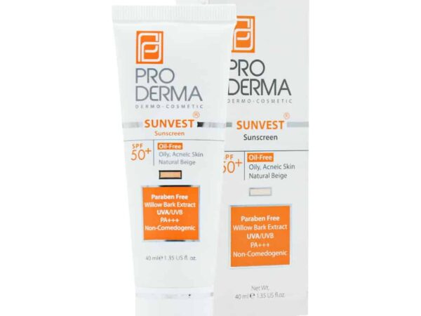کرم ضد آفتاب فاقد چربی SPF50 برای پوست های چرب و جوش دار رنگ بژ طبیعی پرودرما | ۴۰ میلی لیتر