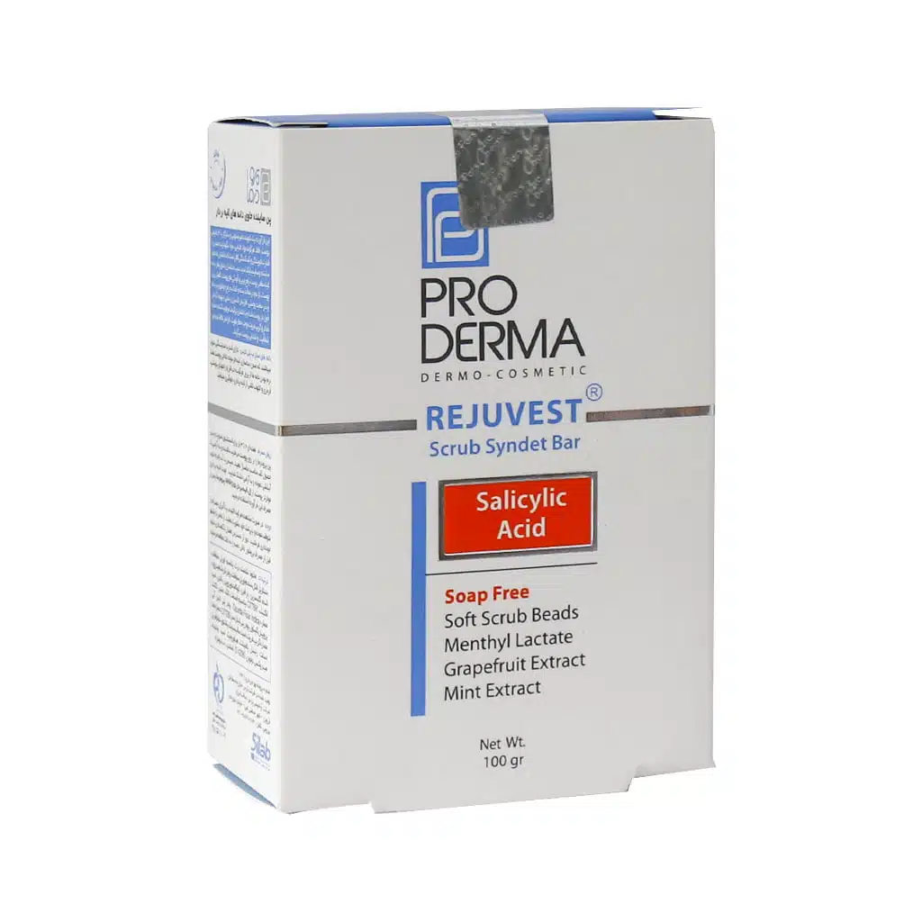 Proderma-Rejuvest-Scrub-Syndet-Bar.jpg پن ساینده حاوی دانه های لایه بردار پرودرما (100گرم) - تصویر 1