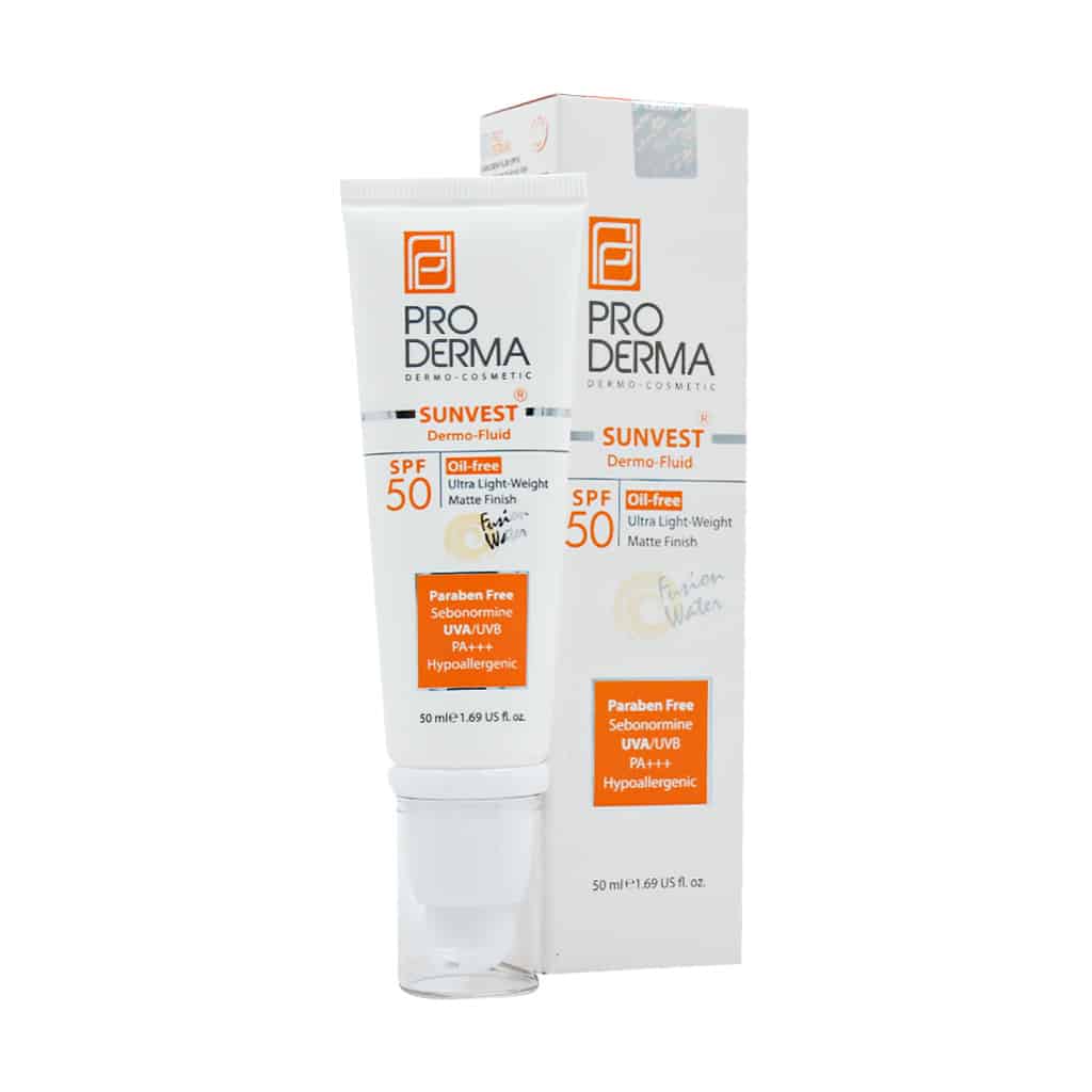 Proderma-Sunvest-SPF50-Fluid-50-ml-1.jpg فلوئید ضد آفتاب فاقد چربی SPF50 مناسب پوست های چرب و جوش دار پرودرما | 50 میلی لیتر - Image 1