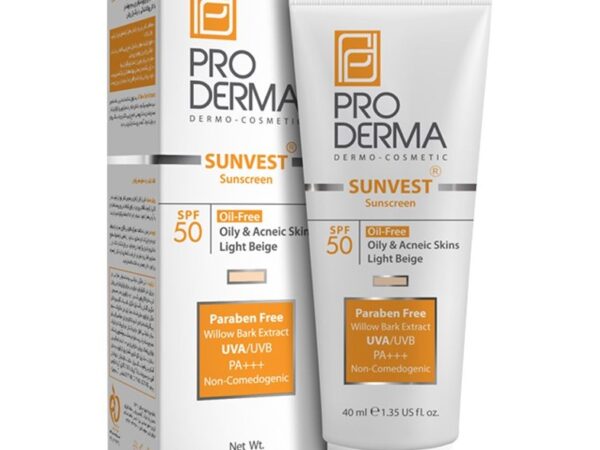 کرم ضد آفتاب فاقد چربی SPF50 برای پوست های چرب و جوش دار رنگ بژ روشن پرودرما | ۴۰ میلی لیتر