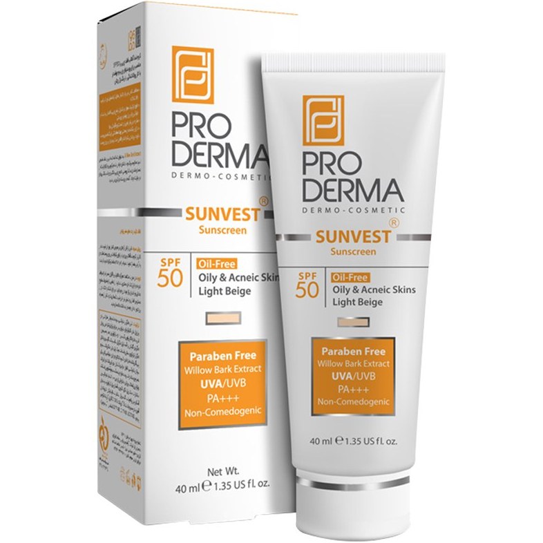 pro-derma-sunscreen-spf50-oil-free-cream-light-beige-40-ml-1.jpg کرم ضد آفتاب فاقد چربی SPF50 برای پوست های چرب و جوش دار رنگ بژ روشن پرودرما | ۴۰ میلی لیتر - Image 1