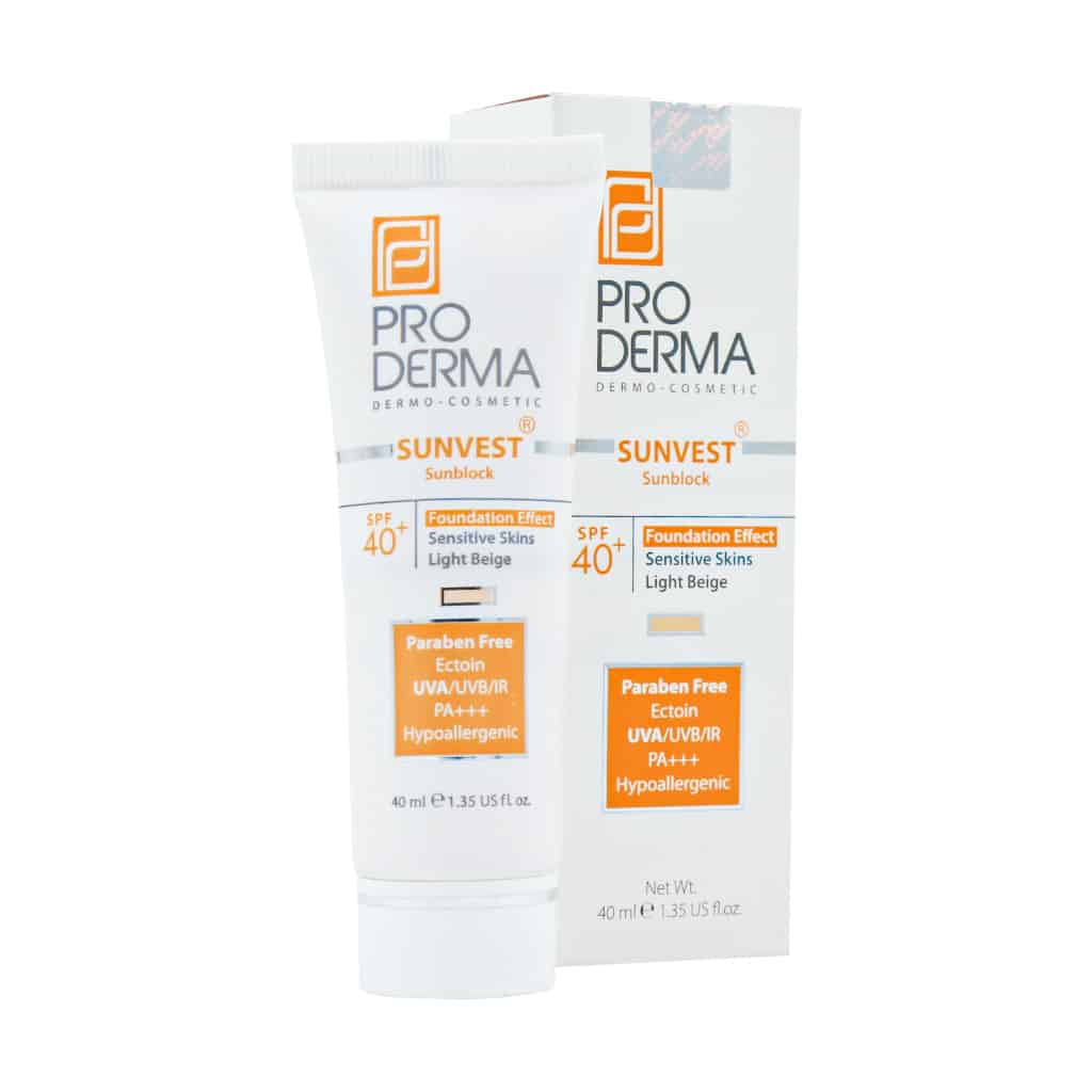 proderma-sunvest-sunblock-spf40⁺-foundation-effect-sensitive-skin-light-beige-40-ml-2-1.jpg کرم ضد آفتاب مینرال رنگی ⁺SPF40 مناسب پوست های حساس بژ روشن پرودرما | ۴۰ میلی لیتر - Image 1