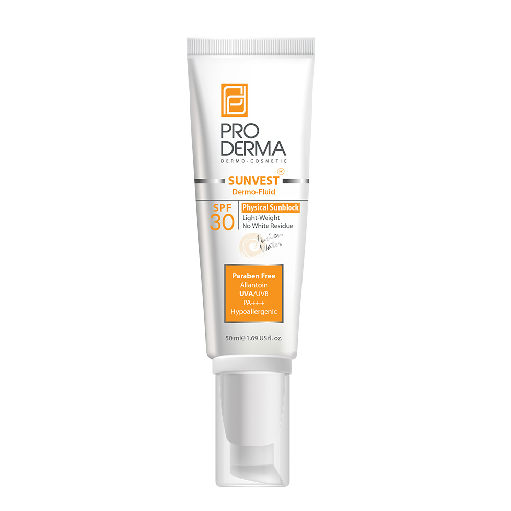 prodrma-sunvest-dermo-fluid-sunscreen-1-1.jpg فلوئید ضد آفتاب فاقد جاذب های شیمیایی SPF30 پرودرما | 50 میلی لیتر - Image 1