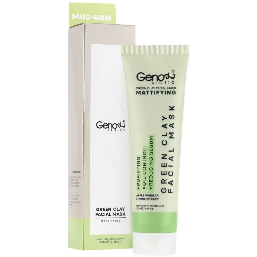 Modgene-Genobiotic-Green-Clay-Mask-2 ماسک خاک رس سبز صورت وگردن سرکه سیب عصاره لیمو ژنوبایوتیک - 100 میلی لیتر - تصویر 1
