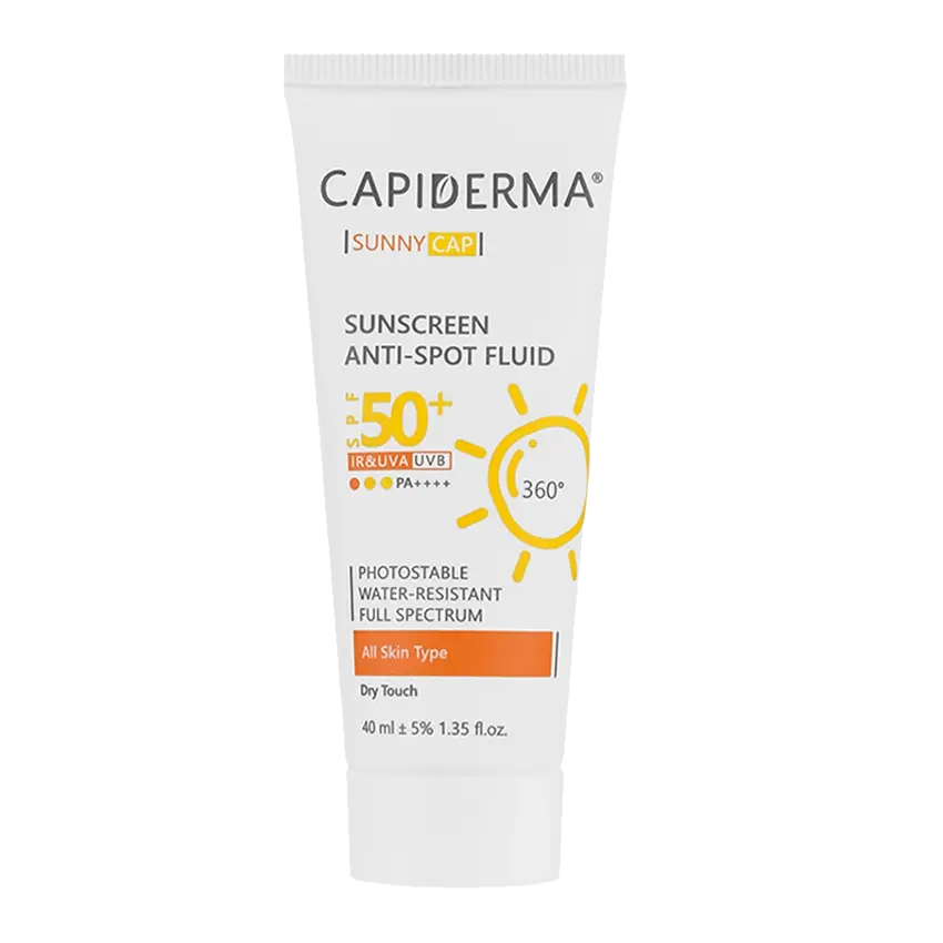 Capiderma-Suny-Cap-Sunscreen-Anti-Spot-Fluid-1 فلوئید ضدآفتاب SPF50 بی رنگ مناسب پوست مختلط تا چرب کپیدرما (40 میلی لیتر) - تصویر 1