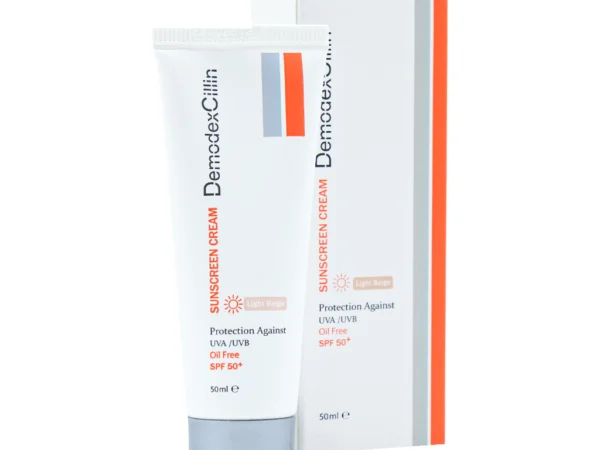کرم ضد آفتاب بژ روشن SPF50 فاقد چربی دمودکسیلین (50 میلی لیتر)